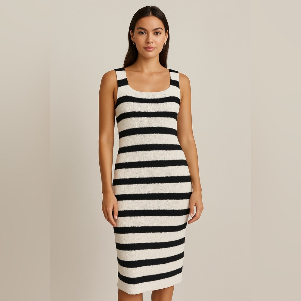 NWT Studio‎ by Workshop Black & Cream Stripe Midi Dress Sz Small $119